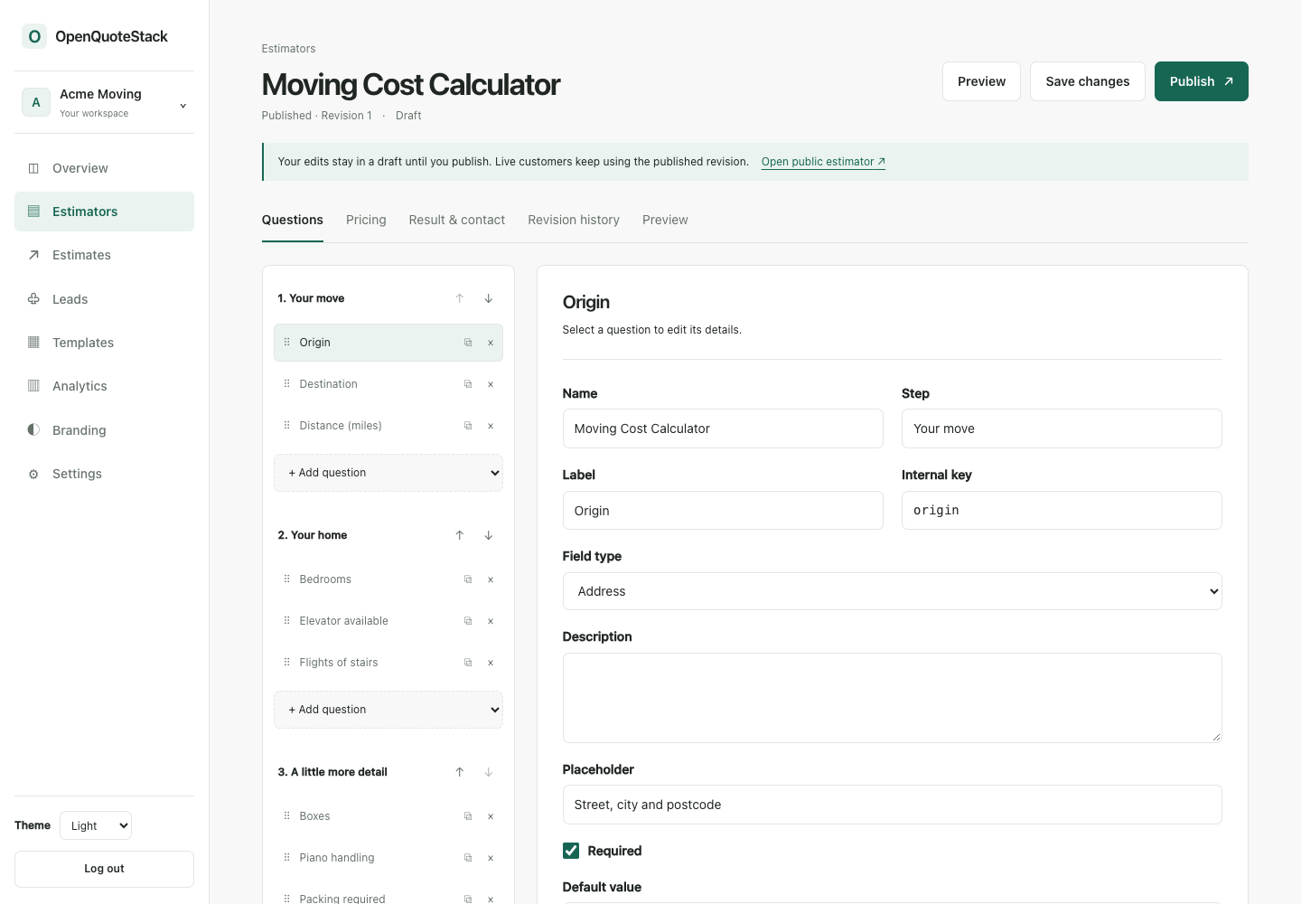 The real OpenQuoteStack visual builder with fictional Acme Moving data