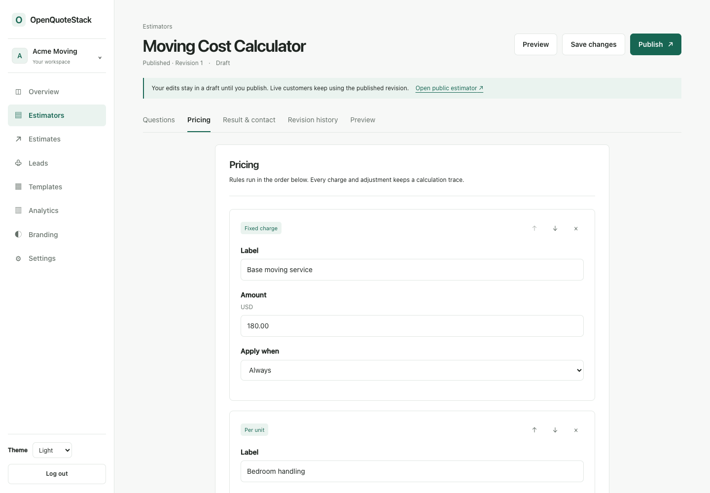 Actual pricing editor with fixed and per-unit rules