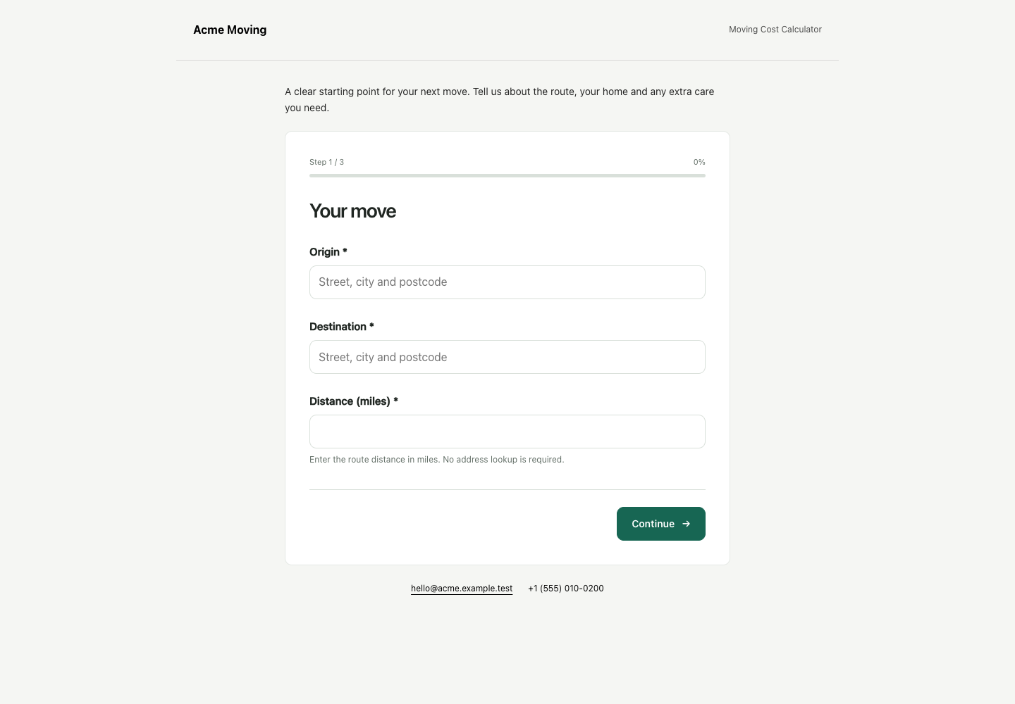 Actual public moving calculator with address and distance questions